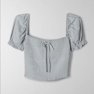 Smocked, cropped, puff-sleeve blouse